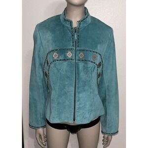 Vintage Double D Ranch Turquoise Suede Jacket Silver Studs & Crosses Lined SZ S